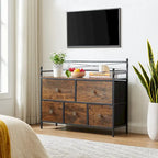 Commode à 5 tiroirs en tissu marron/gris avec cadre en métal et plateau en bois – 1 personne