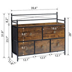 Commode à 5 tiroirs en tissu marron/gris avec cadre en métal et plateau en bois – 1 personne