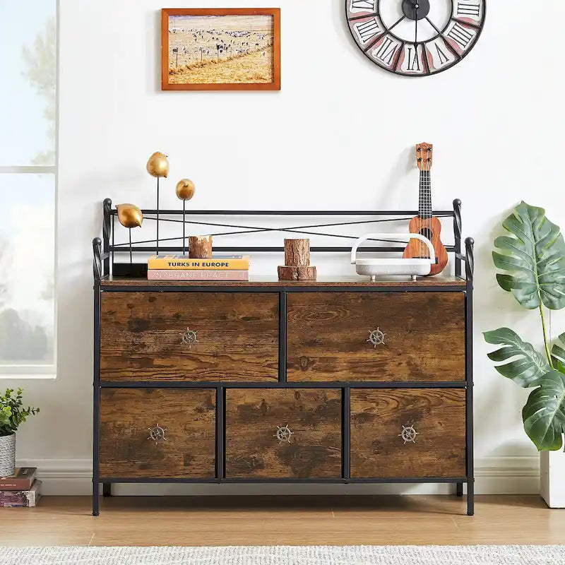 Commode à 5 tiroirs en tissu marron/gris avec cadre en métal et plateau en bois – 1 personne