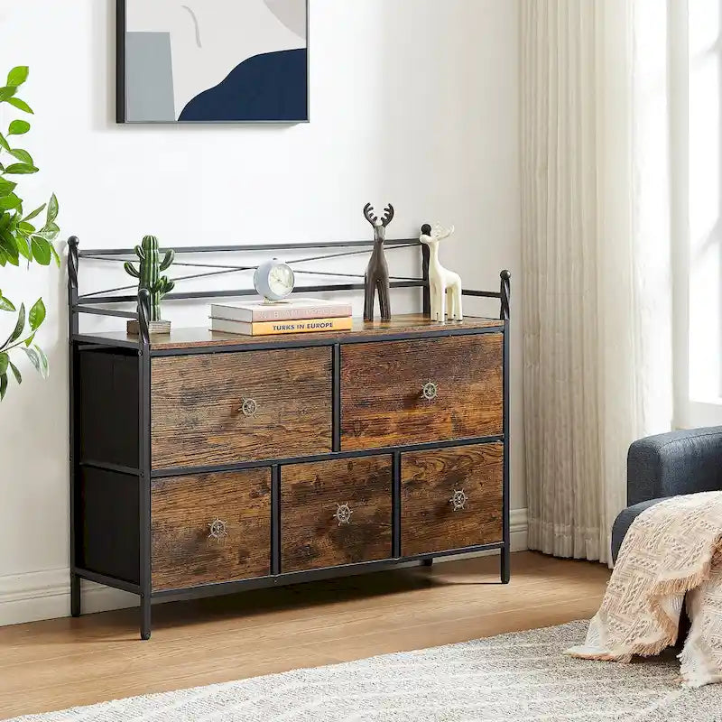 Commode à 5 tiroirs en tissu marron/gris avec cadre en métal et plateau en bois – 1 personne