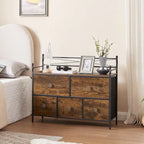 Commode à 5 tiroirs en tissu marron/gris avec cadre en métal et plateau en bois – 1 personne