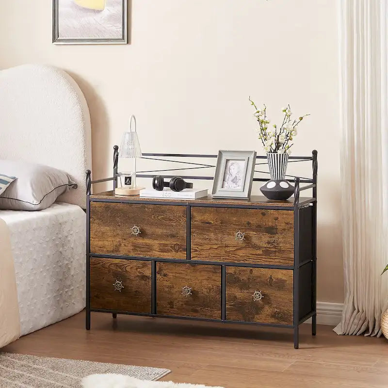 Commode à 5 tiroirs en tissu marron/gris avec cadre en métal et plateau en bois – 1 personne