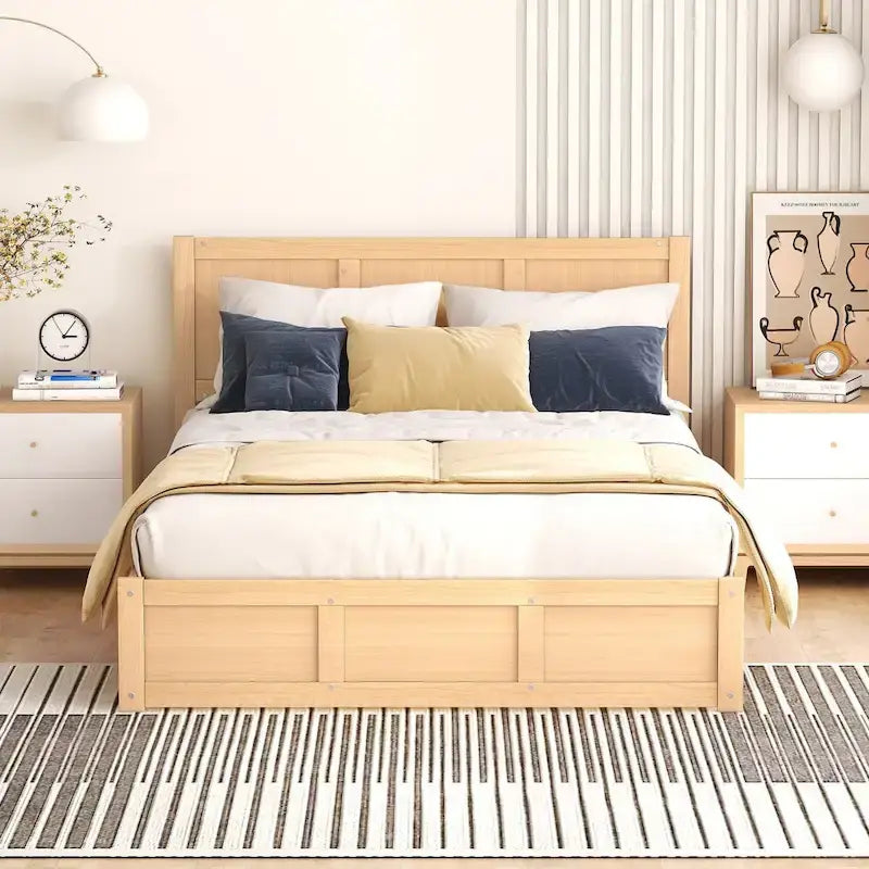 Lit plateforme complet en bois naturel avec 2 tiroirs de rangement et rangement sous le lit – 1 personne