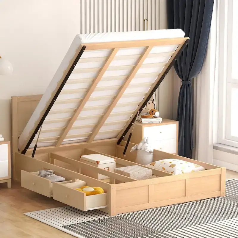 Lit plateforme complet en bois naturel avec 2 tiroirs de rangement et rangement sous le lit – 1 personne