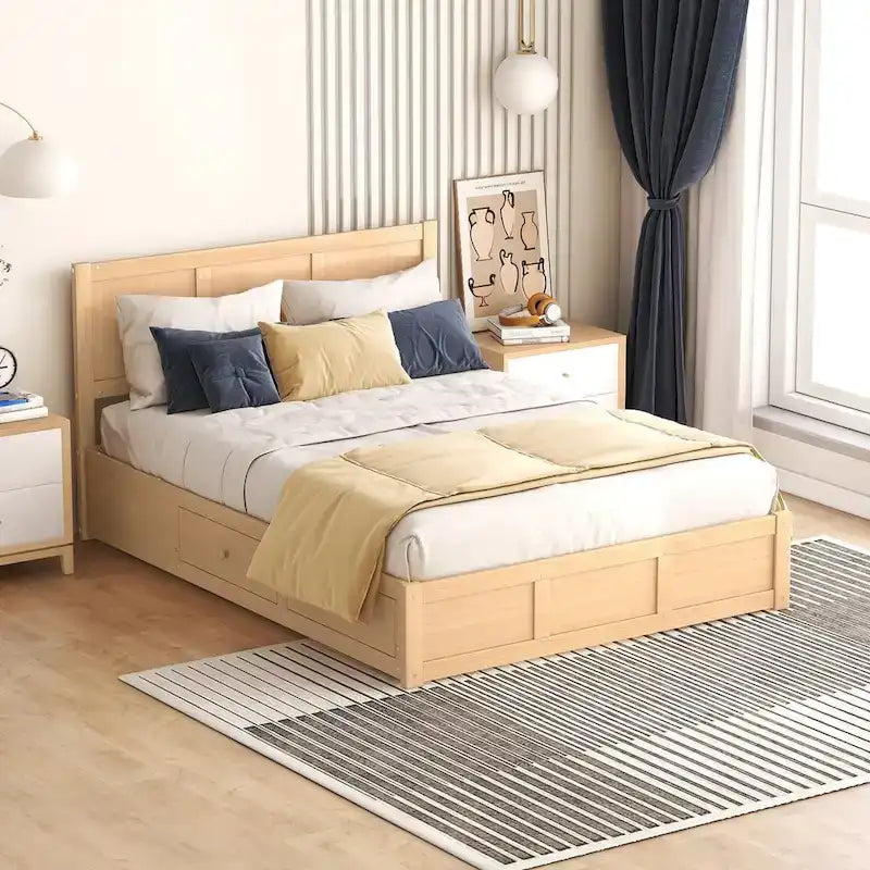 Lit plateforme complet en bois naturel avec 2 tiroirs de rangement et rangement sous le lit – 1 personne