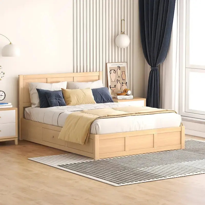 Lit plateforme complet en bois naturel avec 2 tiroirs de rangement et rangement sous le lit – 1 personne