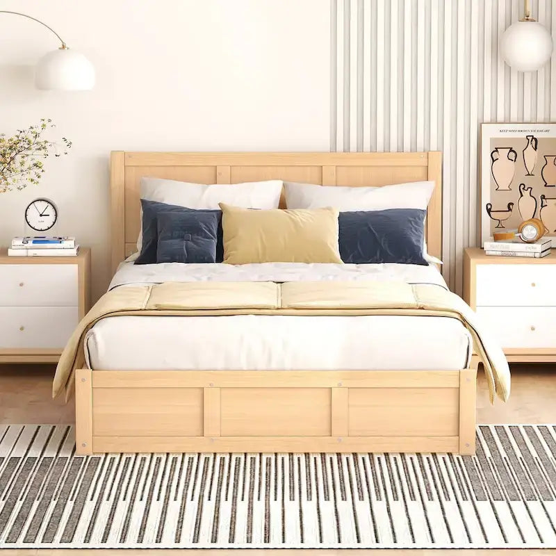 Lit plateforme complet en bois naturel avec 2 tiroirs de rangement et rangement sous le lit – 1 personne