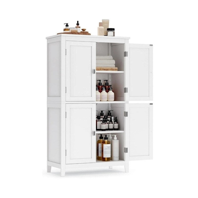 Meuble de rangement de salle de bain sur pied en MDF blanc/gris avec armoires supérieures et inférieures et étagères réglables