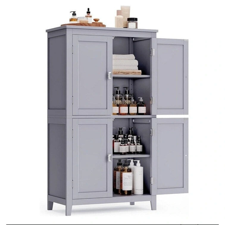 Meuble de rangement de salle de bain sur pied en MDF blanc/gris avec armoires supérieures et inférieures et étagères réglables