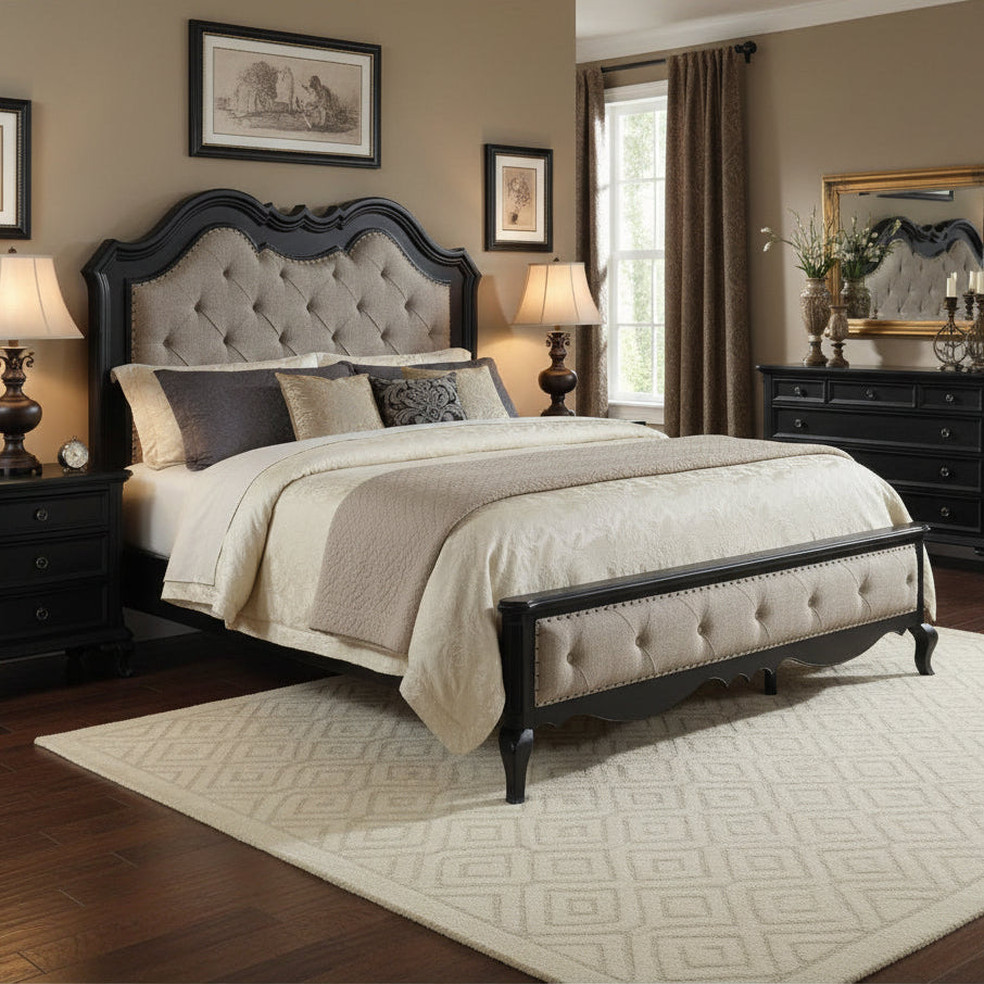 Chery King Size Bed with Button Tufted Headboard, Beige Upholstery, Black