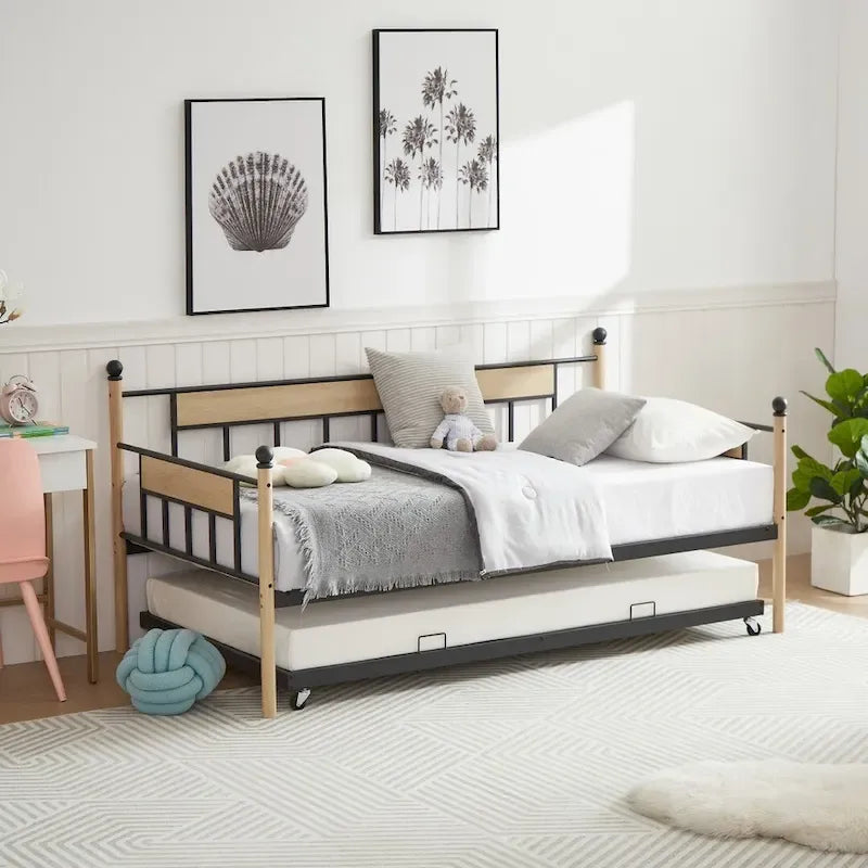 Lit de repos double naturel / noir+marron avec lit gigogne et cadre en métal – 2 personnes