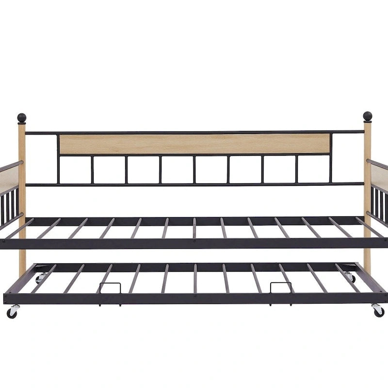 Lit de repos double naturel / noir+marron avec lit gigogne et cadre en métal – 2 personnes