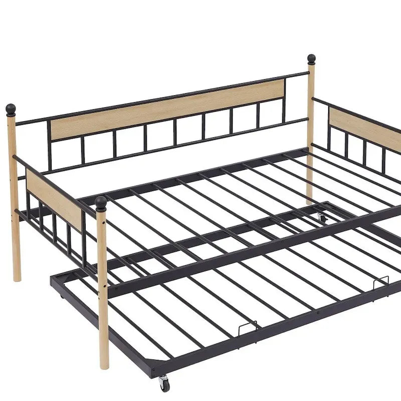 Lit de repos double naturel / noir+marron avec lit gigogne et cadre en métal – 2 personnes