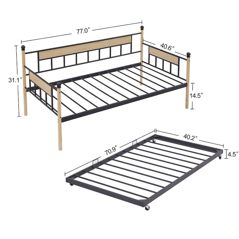 Lit de repos double naturel / noir+marron avec lit gigogne et cadre en métal – 2 personnes