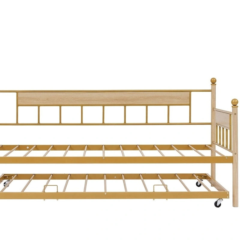 Lit de repos double naturel / noir+marron avec lit gigogne et cadre en métal – 2 personnes