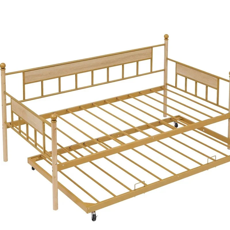 Lit de repos double naturel / noir+marron avec lit gigogne et cadre en métal – 2 personnes