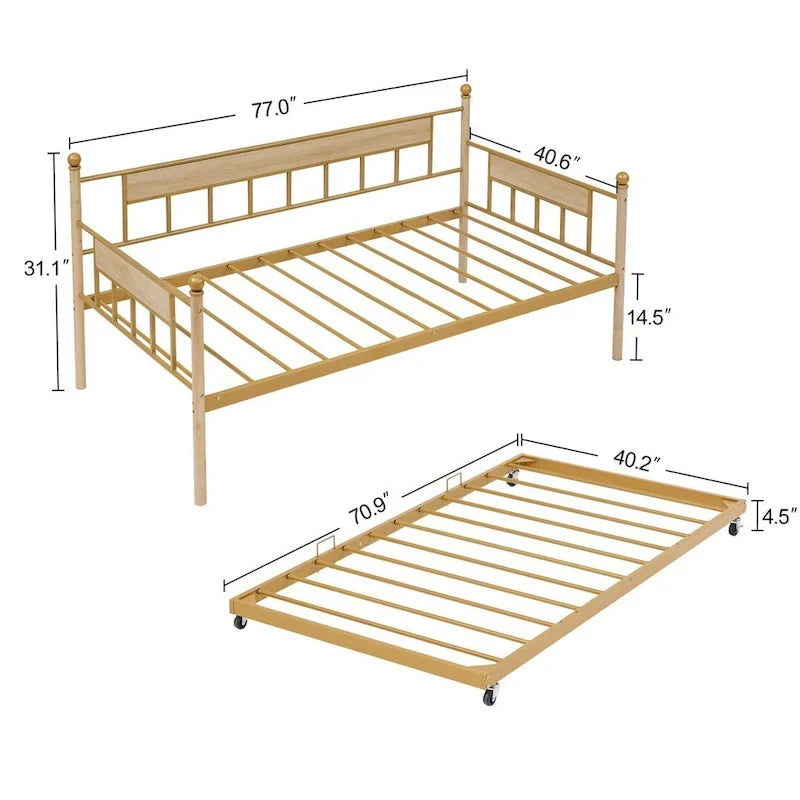 Lit de repos double naturel / noir+marron avec lit gigogne et cadre en métal – 2 personnes