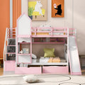 Lit superposé château simple-sur-simple avec toboggan et étagères, rose/bleu/blanc/gris – 2 personnes