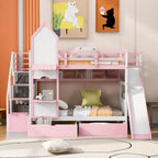 Lit superposé château simple-sur-simple avec toboggan et étagères, rose/bleu/blanc/gris – 2 personnes