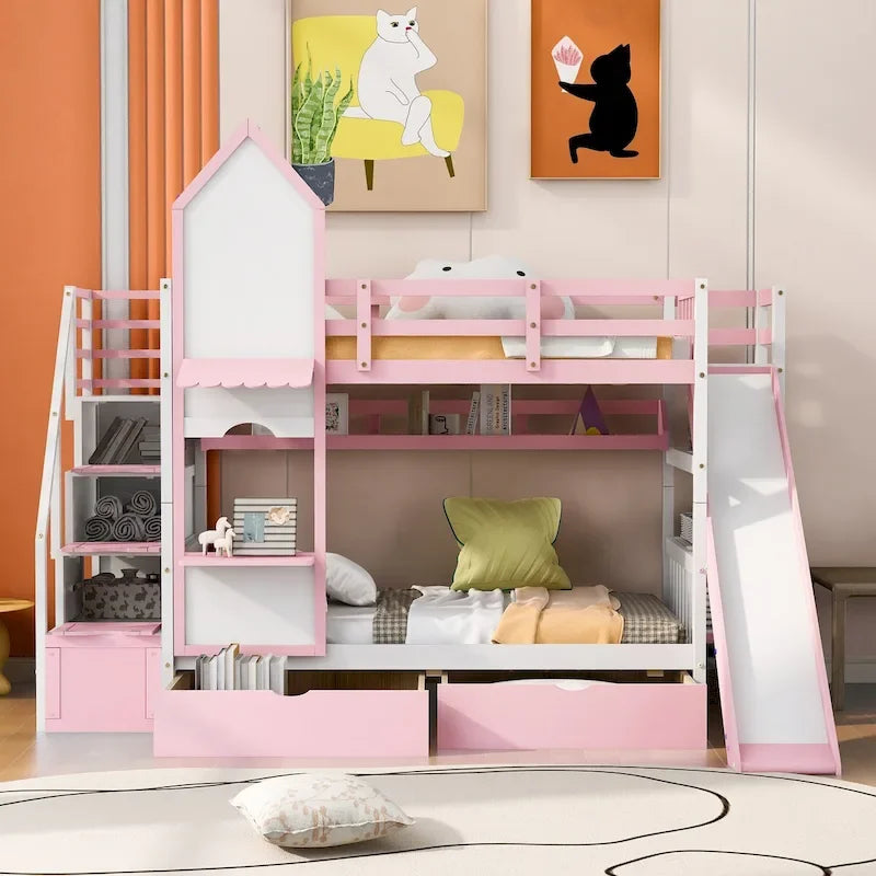 Lit superposé château simple-sur-simple avec toboggan et étagères, rose/bleu/blanc/gris – 2 personnes