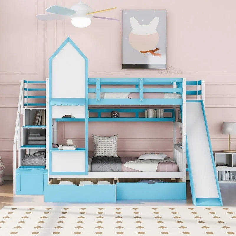 Lit superposé château simple-sur-simple avec toboggan et étagères, rose/bleu/blanc/gris – 2 personnes