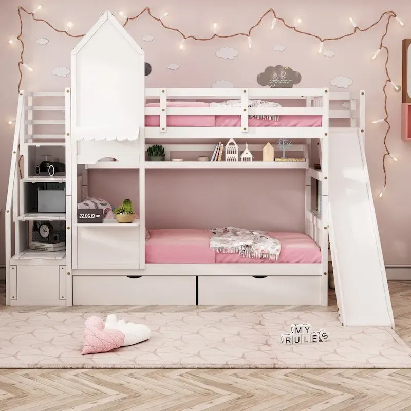 Lit superposé château simple-sur-simple avec toboggan et étagères, rose/bleu/blanc/gris – 2 personnes