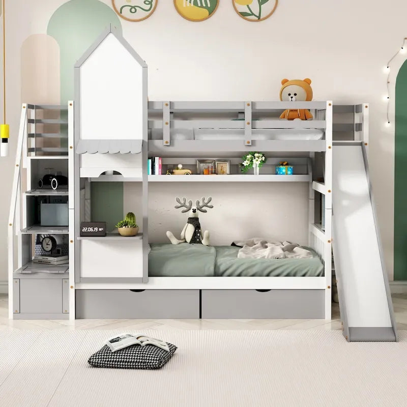 Lit superposé château simple-sur-simple avec toboggan et étagères, rose/bleu/blanc/gris – 2 personnes