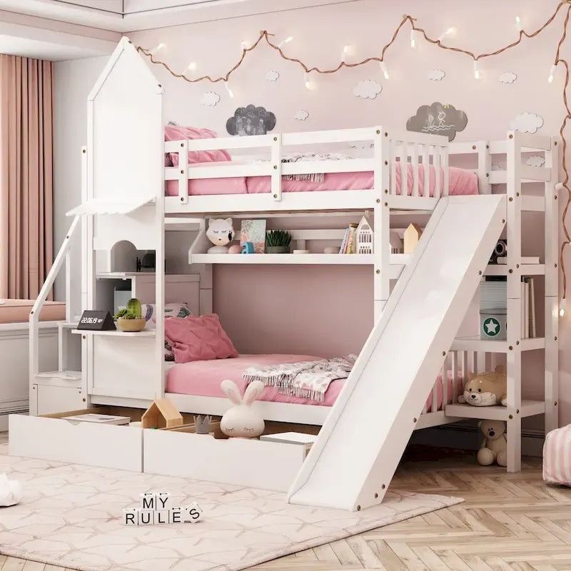 Lit superposé château simple-sur-simple avec toboggan et étagères, rose/bleu/blanc/gris – 2 personnes