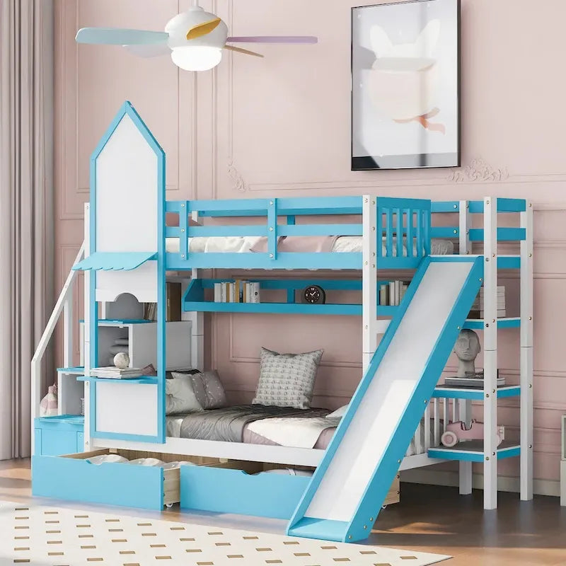 Lit superposé château simple-sur-simple avec toboggan et étagères, rose/bleu/blanc/gris – 2 personnes