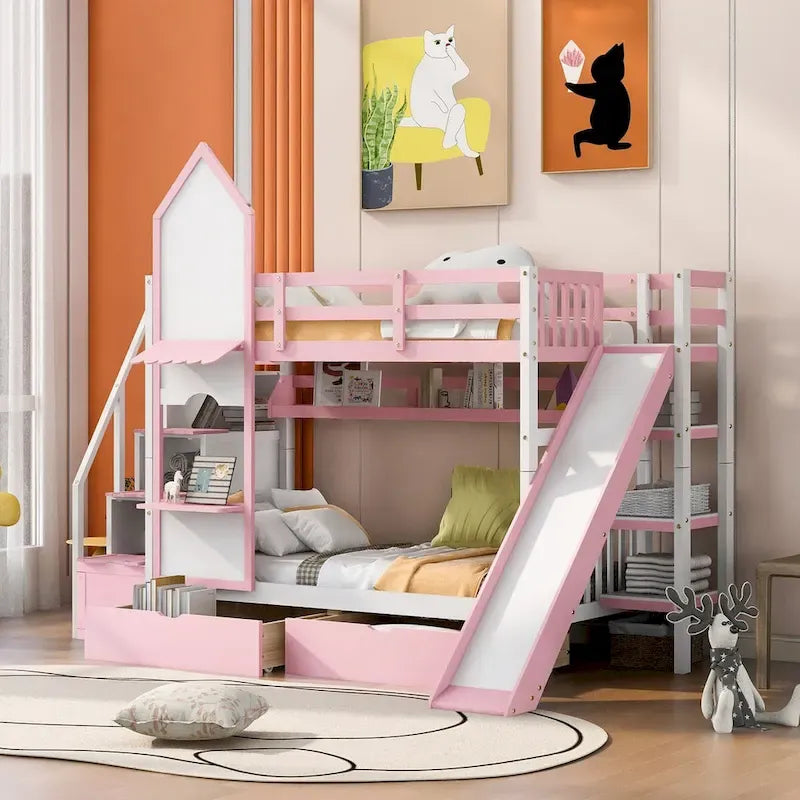 Lit superposé château simple-sur-simple avec toboggan et étagères, rose/bleu/blanc/gris – 2 personnes