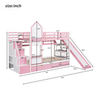 Lit superposé château simple-sur-simple avec toboggan et étagères, rose/bleu/blanc/gris – 2 personnes