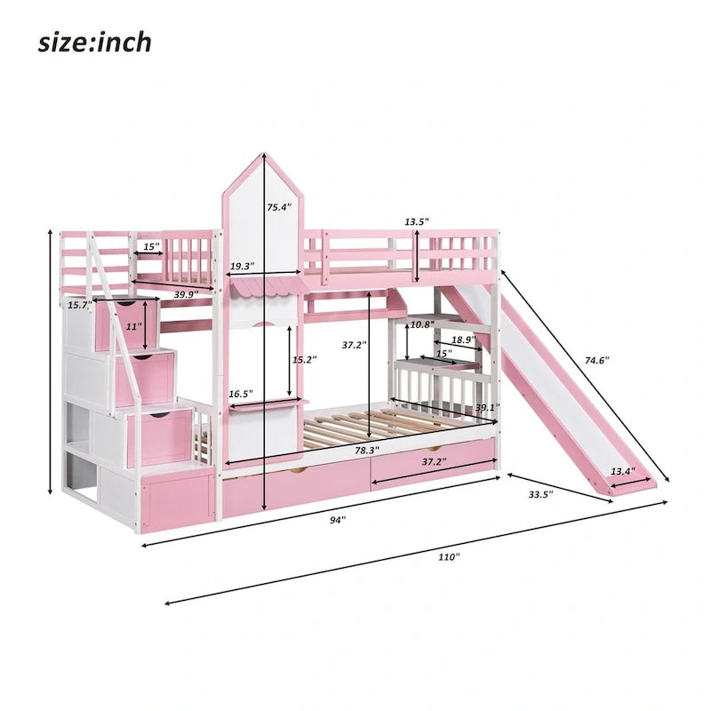 Lit superposé château simple-sur-simple avec toboggan et étagères, rose/bleu/blanc/gris – 2 personnes