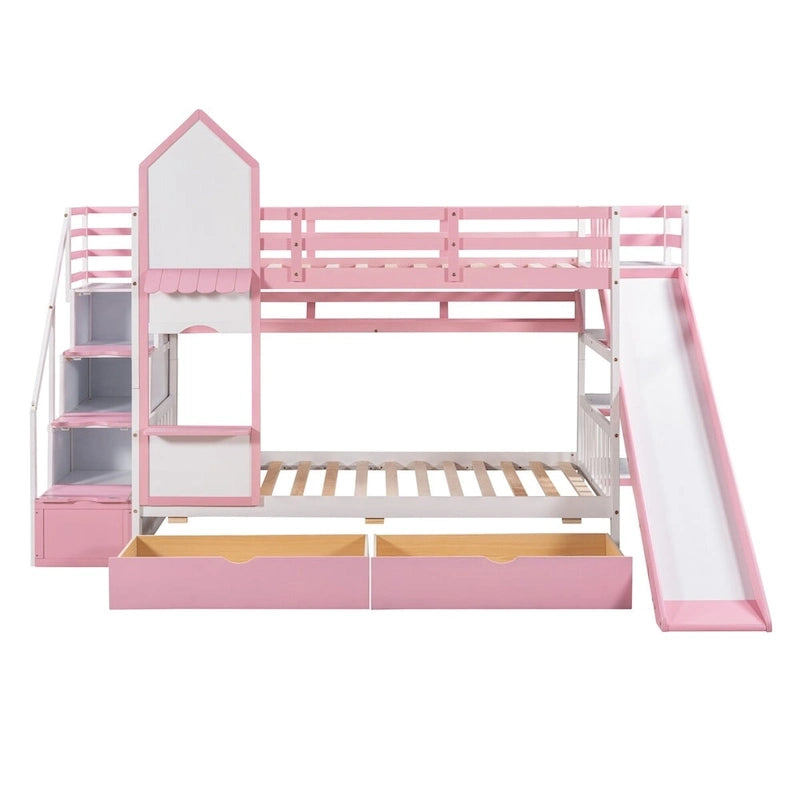 Lit superposé château simple-sur-simple avec toboggan et étagères, rose/bleu/blanc/gris – 2 personnes