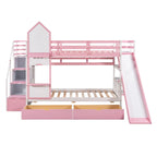 Lit superposé château simple-sur-simple avec toboggan et étagères, rose/bleu/blanc/gris – 2 personnes