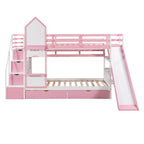 Lit superposé château simple-sur-simple avec toboggan et étagères, rose/bleu/blanc/gris – 2 personnes