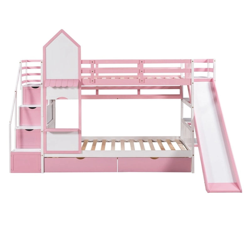 Lit superposé château simple-sur-simple avec toboggan et étagères, rose/bleu/blanc/gris – 2 personnes