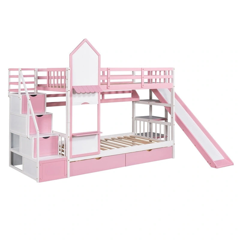 Lit superposé château simple-sur-simple avec toboggan et étagères, rose/bleu/blanc/gris – 2 personnes