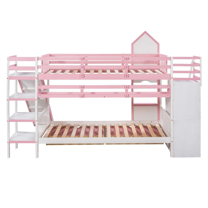 Lit superposé château simple-sur-simple avec toboggan et étagères, rose/bleu/blanc/gris – 2 personnes