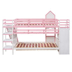 Lit superposé château simple-sur-simple avec toboggan et étagères, rose/bleu/blanc/gris – 2 personnes