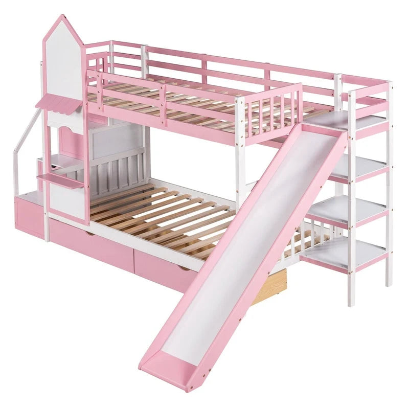 Lit superposé château simple-sur-simple avec toboggan et étagères, rose/bleu/blanc/gris – 2 personnes