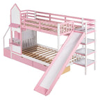 Lit superposé château simple-sur-simple avec toboggan et étagères, rose/bleu/blanc/gris – 2 personnes