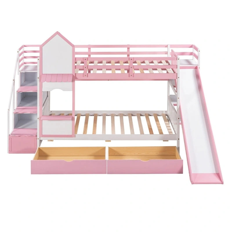 Lit superposé château simple-sur-simple avec toboggan et étagères, rose/bleu/blanc/gris – 2 personnes