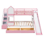 Lit superposé château simple-sur-simple avec toboggan et étagères, rose/bleu/blanc/gris – 2 personnes
