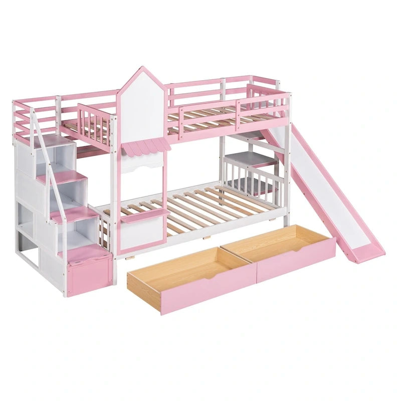 Lit superposé château simple-sur-simple avec toboggan et étagères, rose/bleu/blanc/gris – 2 personnes