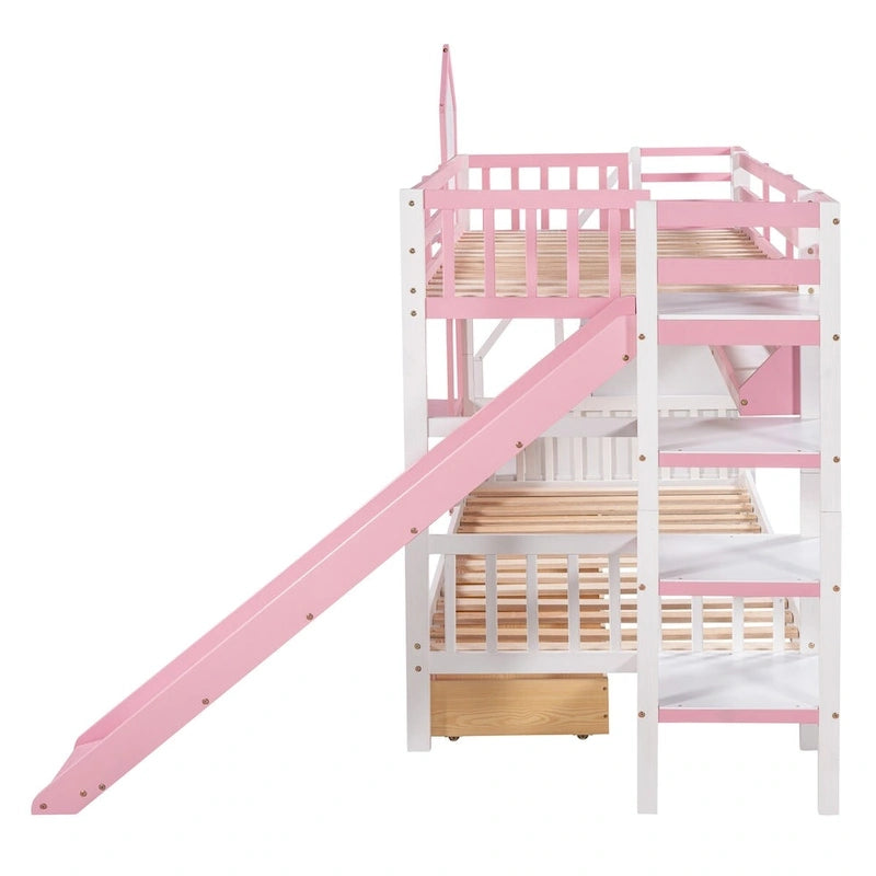 Lit superposé château simple-sur-simple avec toboggan et étagères, rose/bleu/blanc/gris – 2 personnes