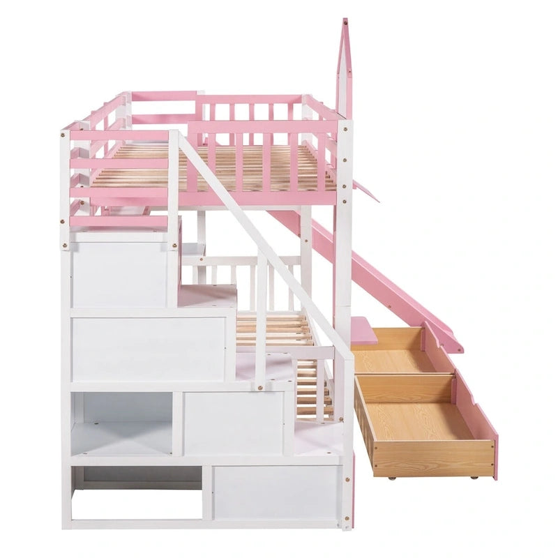 Lit superposé château simple-sur-simple avec toboggan et étagères, rose/bleu/blanc/gris – 2 personnes