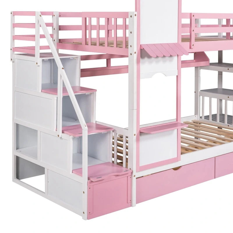 Lit superposé château simple-sur-simple avec toboggan et étagères, rose/bleu/blanc/gris – 2 personnes