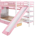 Lit superposé château simple-sur-simple avec toboggan et étagères, rose/bleu/blanc/gris – 2 personnes
