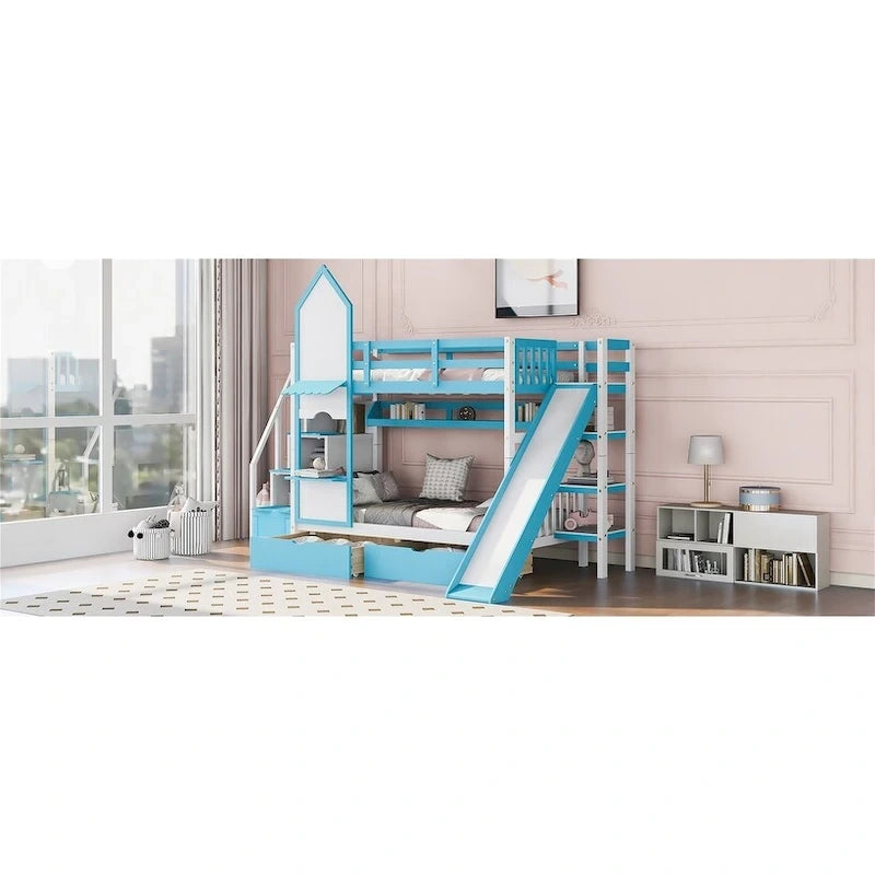 Lit superposé château simple-sur-simple avec toboggan et étagères, rose/bleu/blanc/gris – 2 personnes
