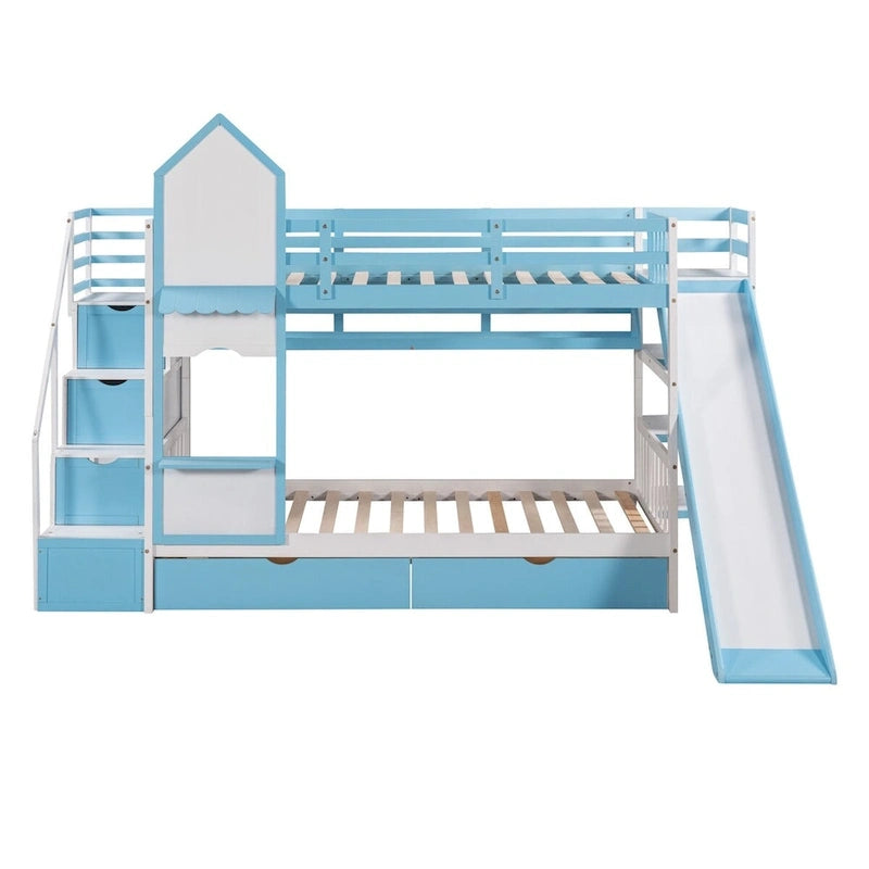 Lit superposé château simple-sur-simple avec toboggan et étagères, rose/bleu/blanc/gris – 2 personnes